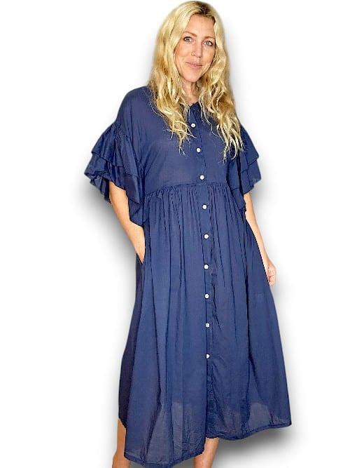 Helga May: Bianca Frilled Cotton Dress - Navy