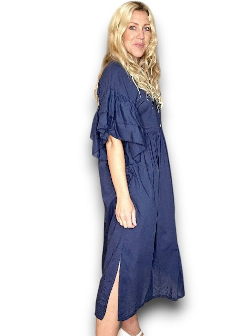 Helga May: Bianca Frilled Cotton Dress - Navy