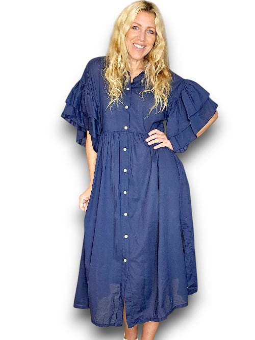 Helga May: Bianca Frilled Cotton Dress - Navy