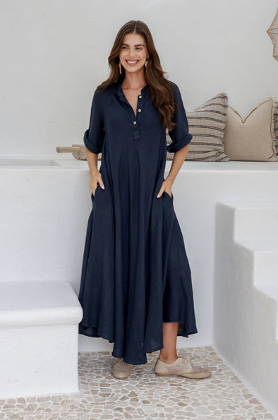 Katy Bias Cut Linen Dress  - Navy