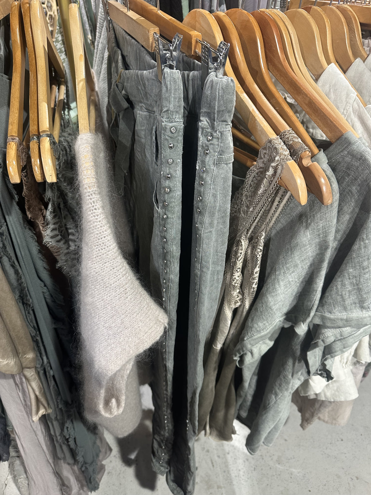 LaStrada: Italian Everyday Diamante Trim Pants: Khaki