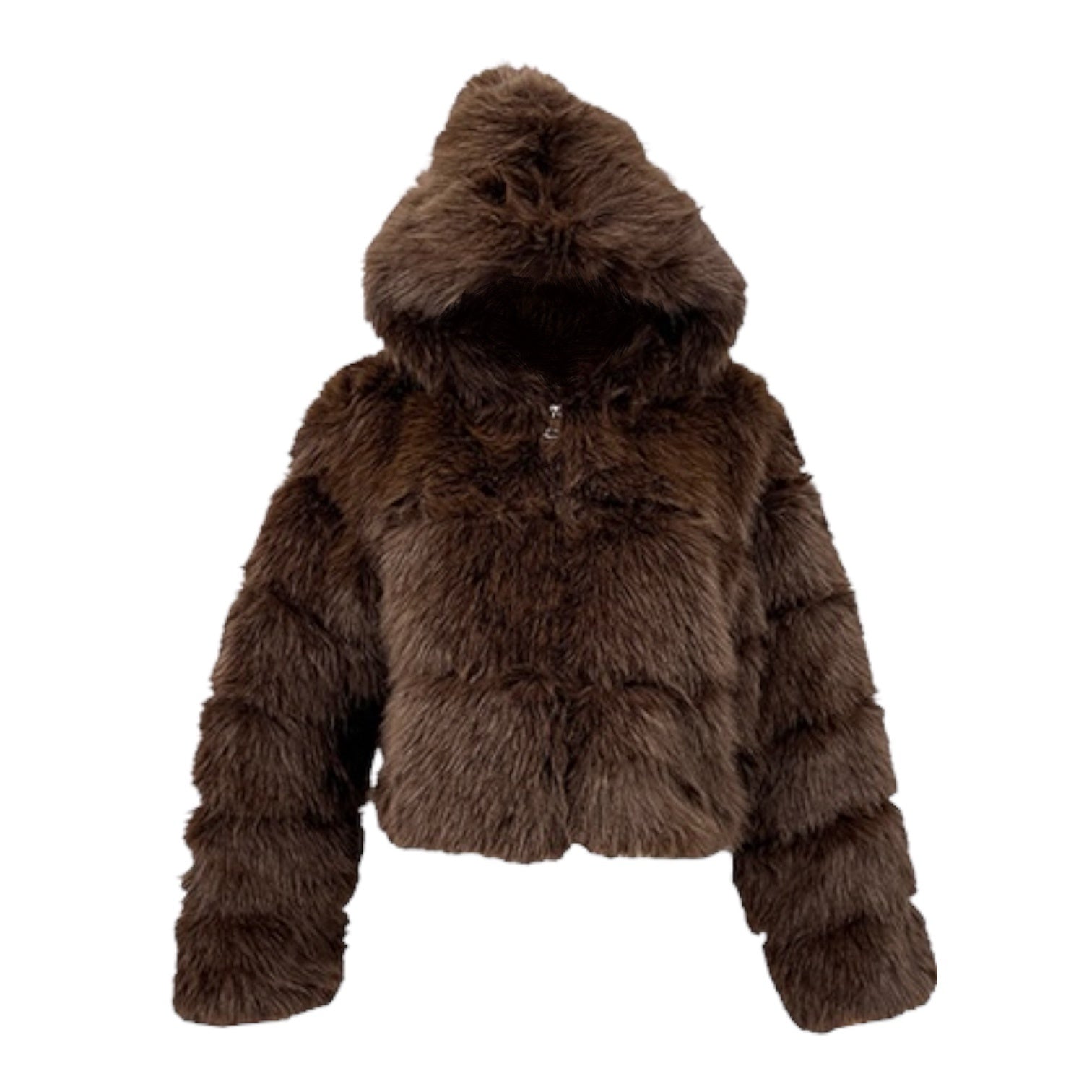 Plush Vegan Fur Hooded Jacket in Chocolate