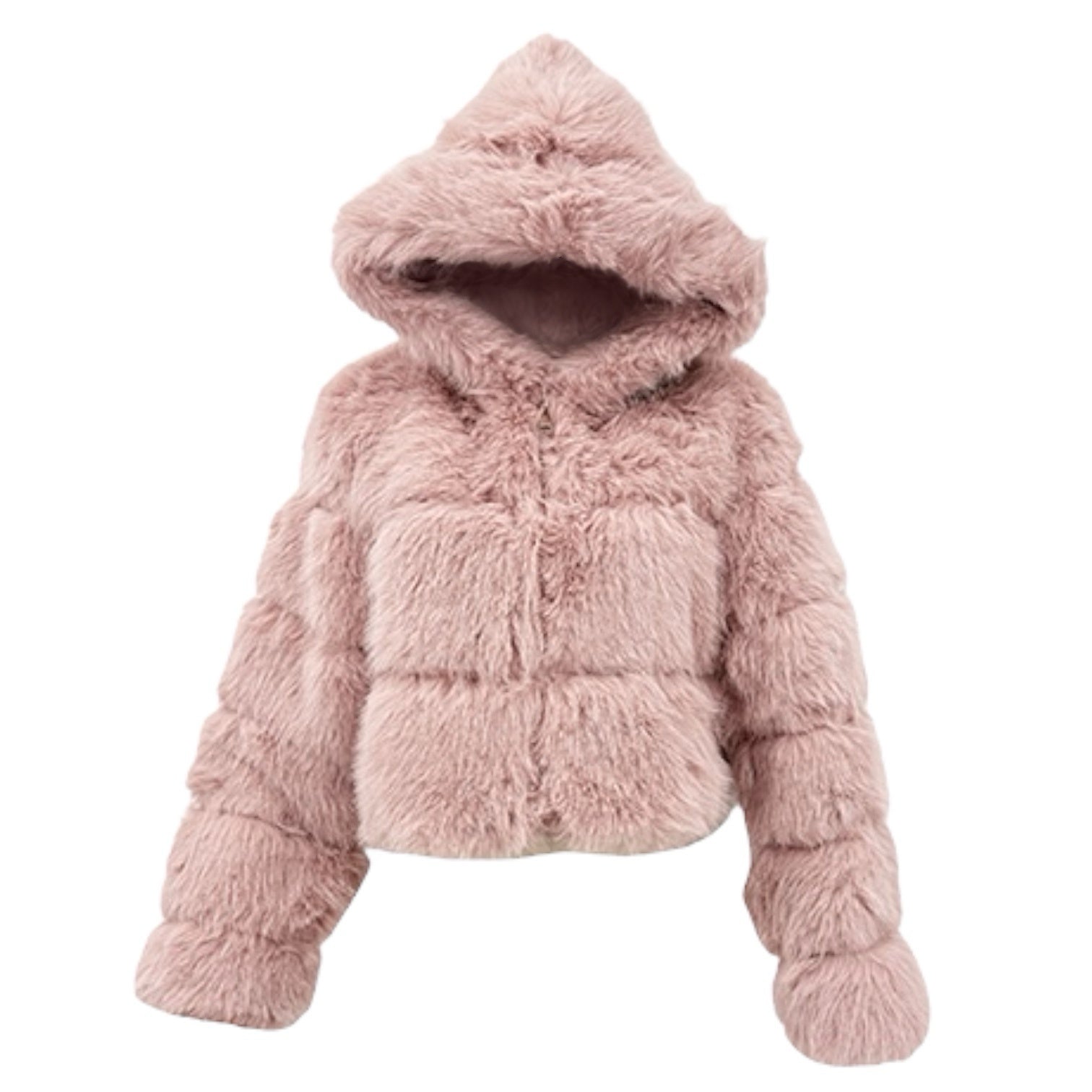 Plush Vegan Fur Hooded Jacket in Blush