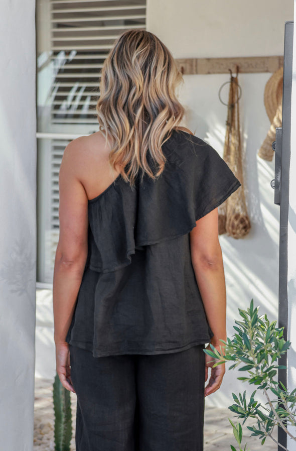 Magnifica Asymmetric Linen Top in Black