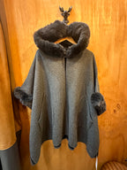 Fur Detail Hooded Poncho With Front Pockets