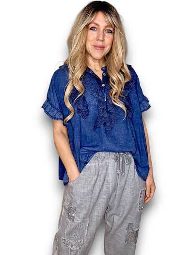 Helga May: Eyelet Frill Top - Navy