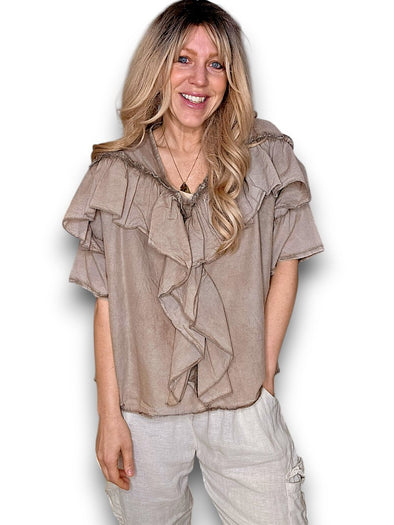 Helga May: Frill Short Sleeve Top - Faded Mocha