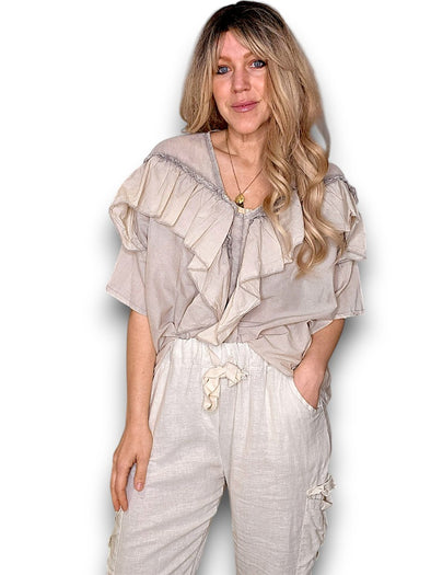 Helga May: Frill Short Sleeve Top - Faded Beige
