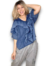 Helga May: Frill Short Sleeve Top - Faded Navy