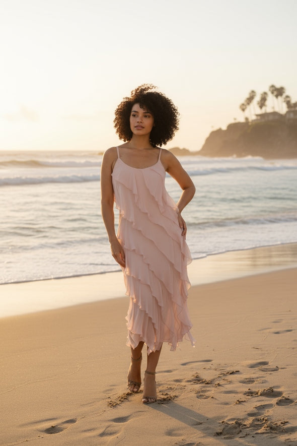 La Strada Silk Ruffle Dress in Blush