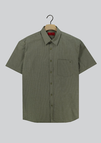 R.F. Scott Field Short Sleeve Shirt: Micro Check - Olive