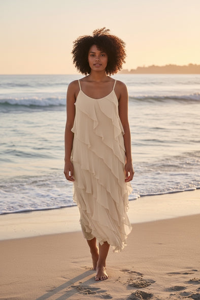 La Strada Silk Ruffle Dress in Beige