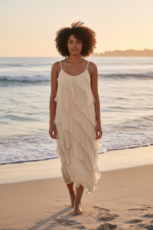 La Strada Silk Ruffle Dress in Beige