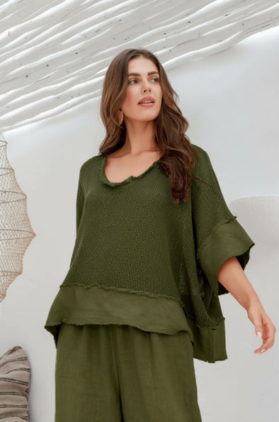 Carina Italian Linen Knit Tee in Khaki