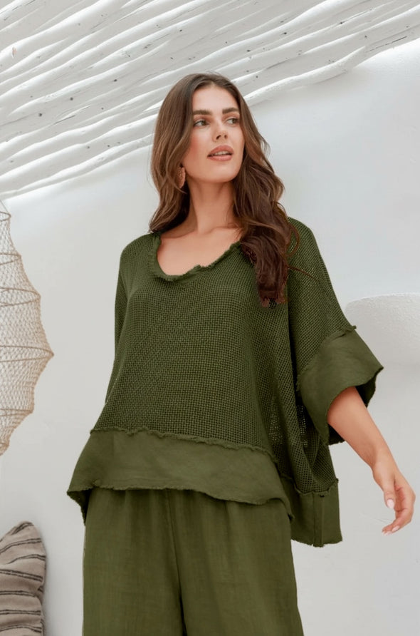 Carina Italian Linen Knit Tee in Khaki