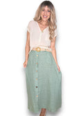 Helga May: Raffia Belt Linen Button Skirt - Sage