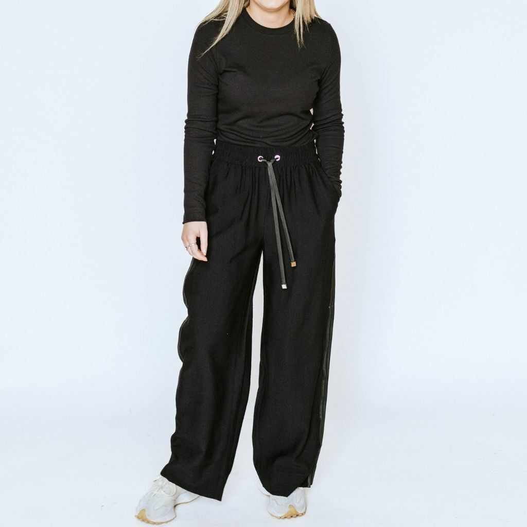 Moke: Indiana Wide Leg Pant - Black & Black Satin