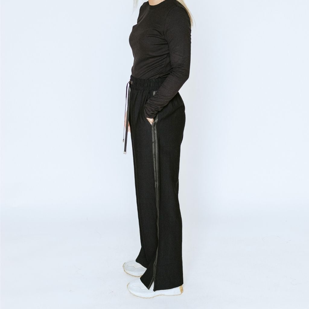 Moke: Indiana Wide Leg Pant - Black & Black Satin