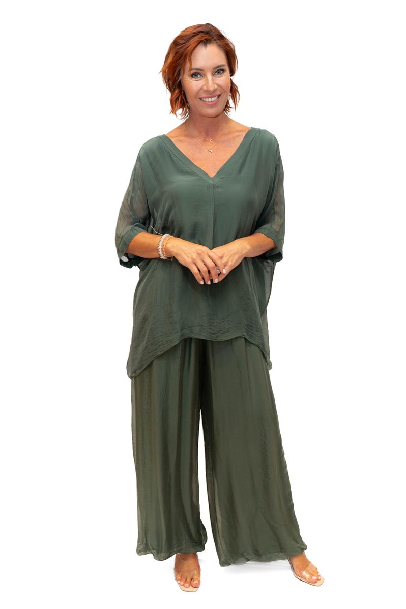 The Italian Closet: Faustina Silk Flowing Pant - Olive
