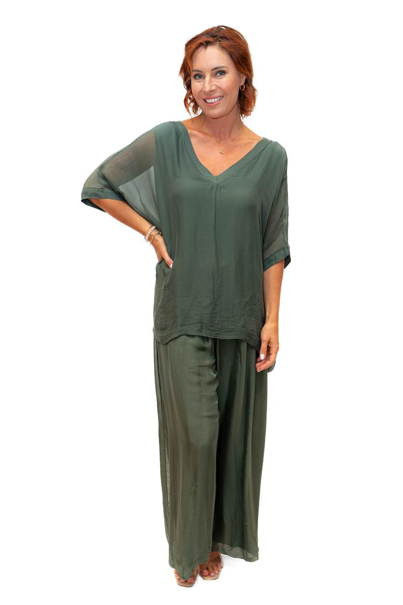 The Italian Closet: Faustina Silk Flowing Pant - Olive