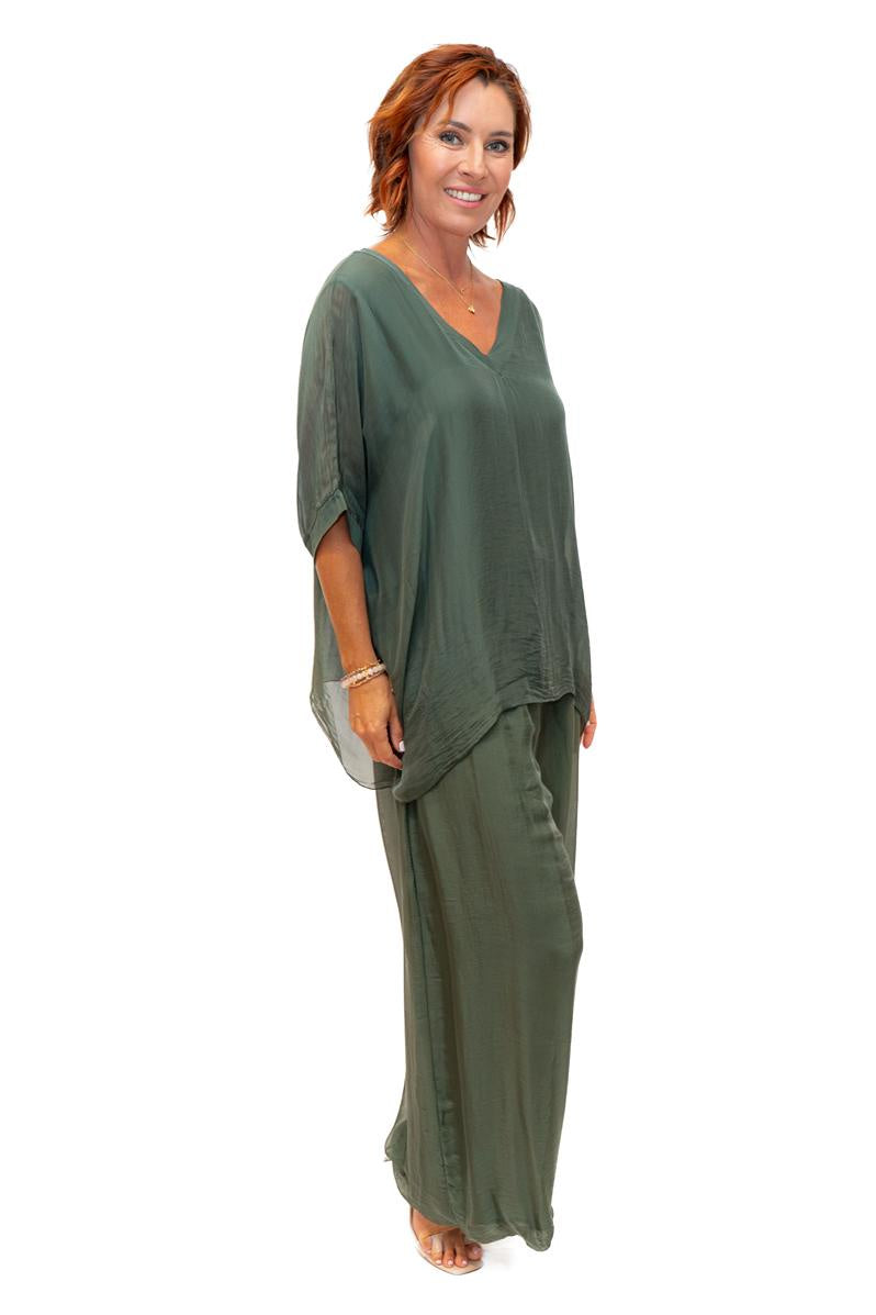 The Italian Closet: Faustina Silk Flowing Pant - Olive