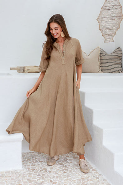 The Italian Cartel: Katy Bias Cut Linen Dress - Mocha