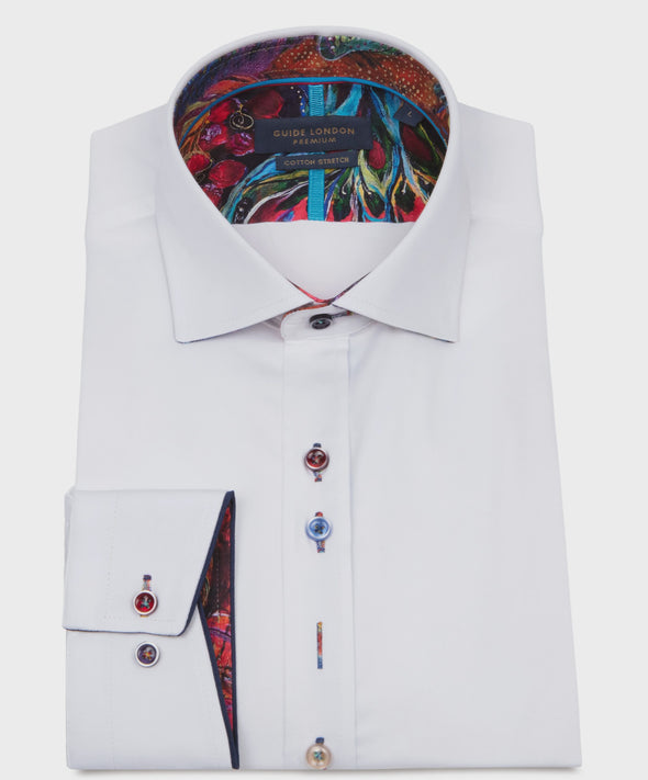 Guide London Long Sleeve Shirt : Plain But Not Plain Peacock Print - White