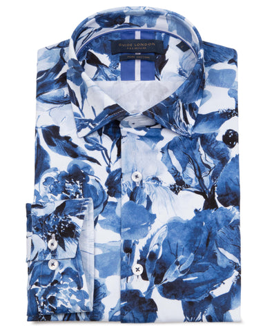 Guide London Long Sleeve Shirt : Large Scale Rose Print - Blue & White