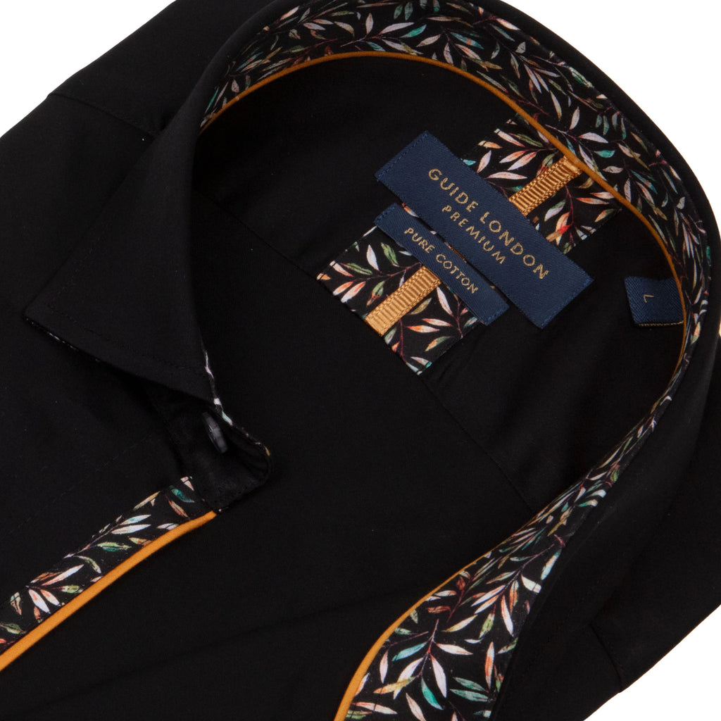 Guide London Long Sleeve Shirt : Plain But Not Plain Leafy Print - Black