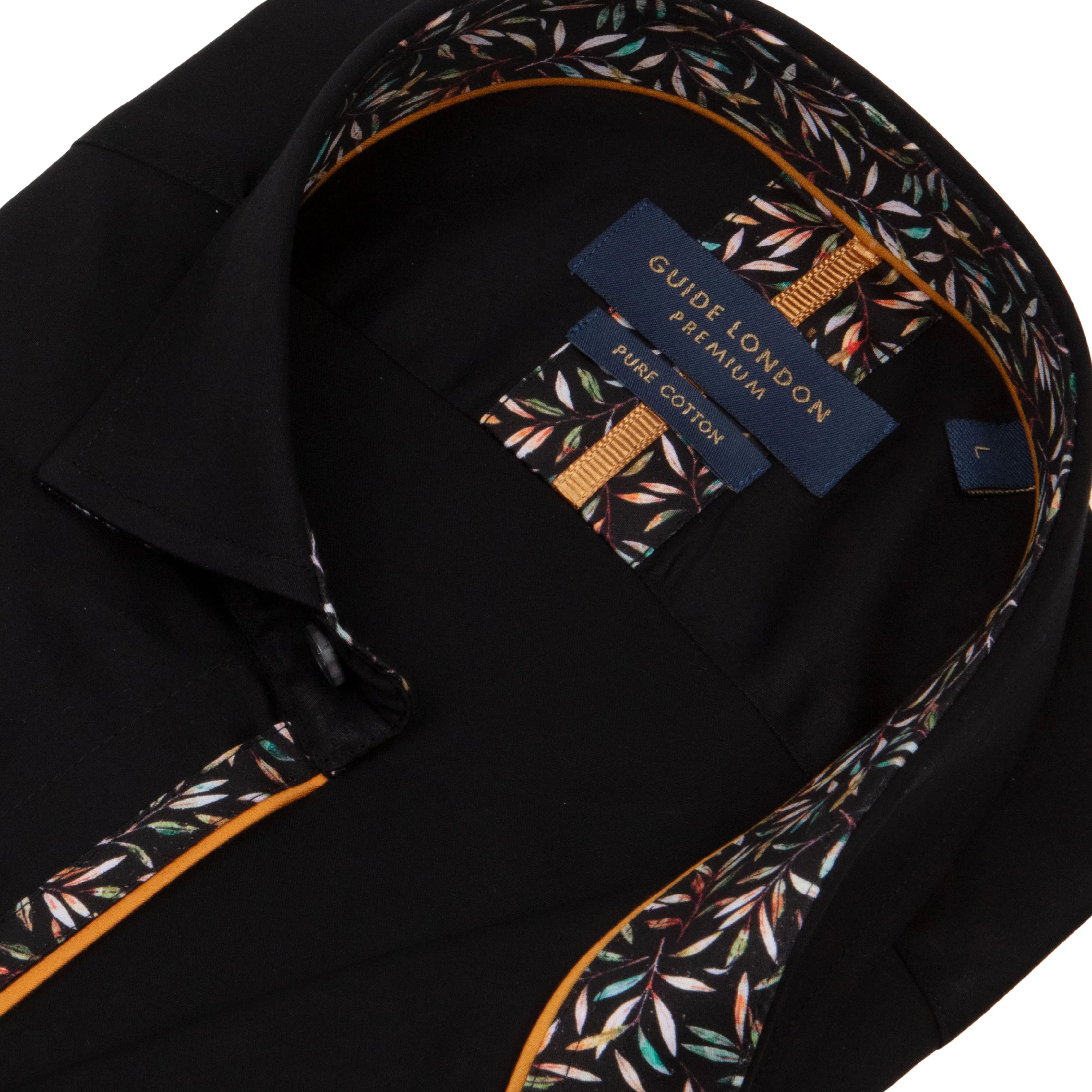 Guide London Long Sleeve Shirt : Plain But Not Plain Leafy Print - Black