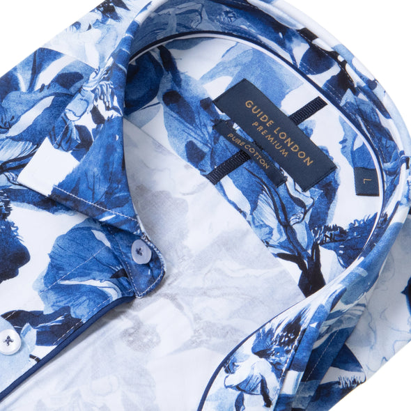Guide London Long Sleeve Shirt : Large Scale Rose Print - Blue & White