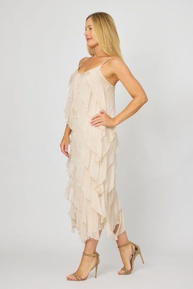 La Strada Silk Ruffle Dress in Beige