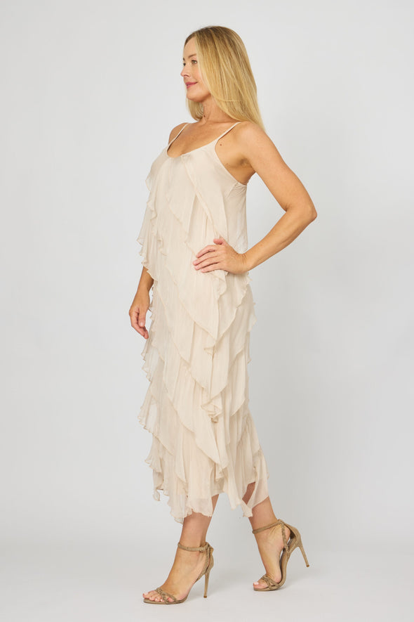La Strada Silk Ruffle Dress in Beige