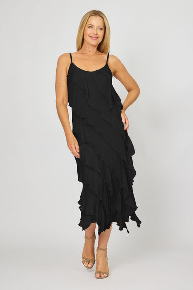 La Strada Silk Ruffle Dress in Black