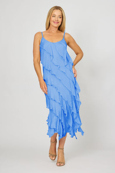 La Strada Silk Ruffle Dress in Blue Turco