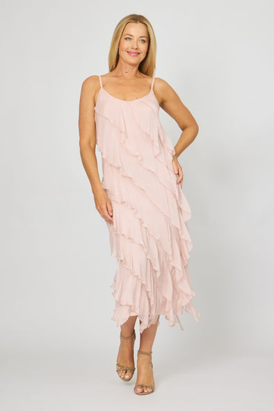 La Strada Silk Ruffle Dress in Blush