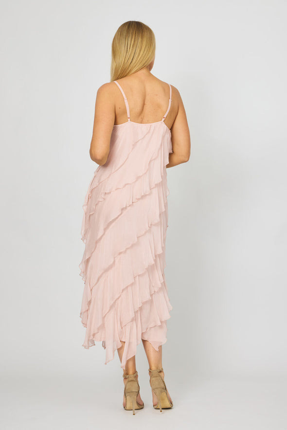 La Strada Silk Ruffle Dress in Blush