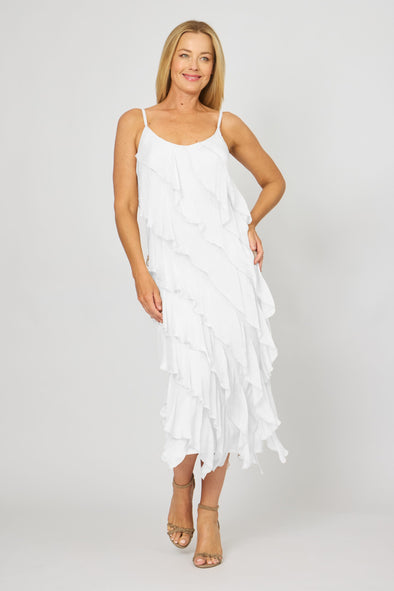 La Strada Silk Ruffle Dress in White