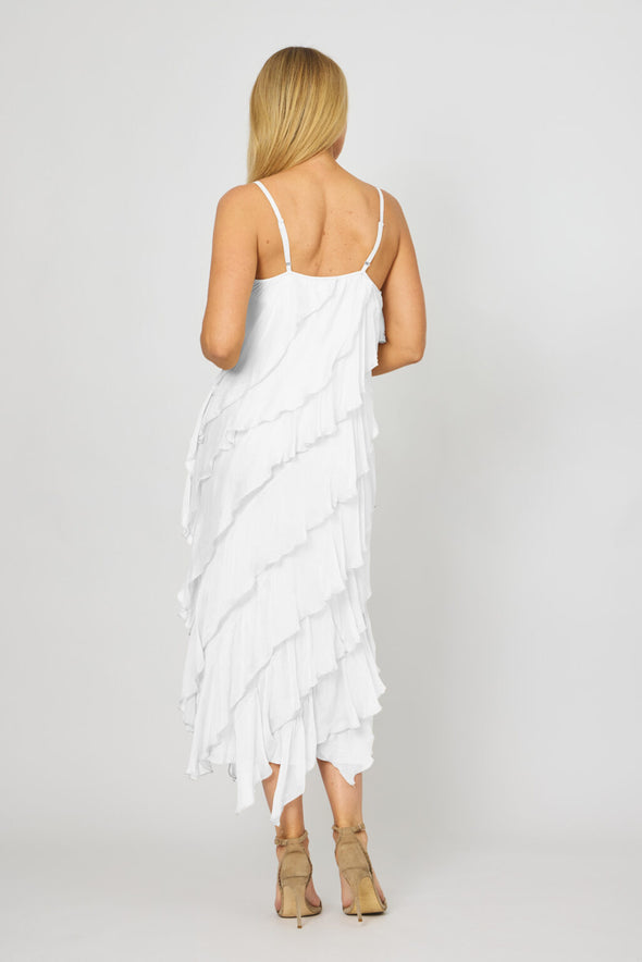 La Strada Silk Ruffle Dress in White