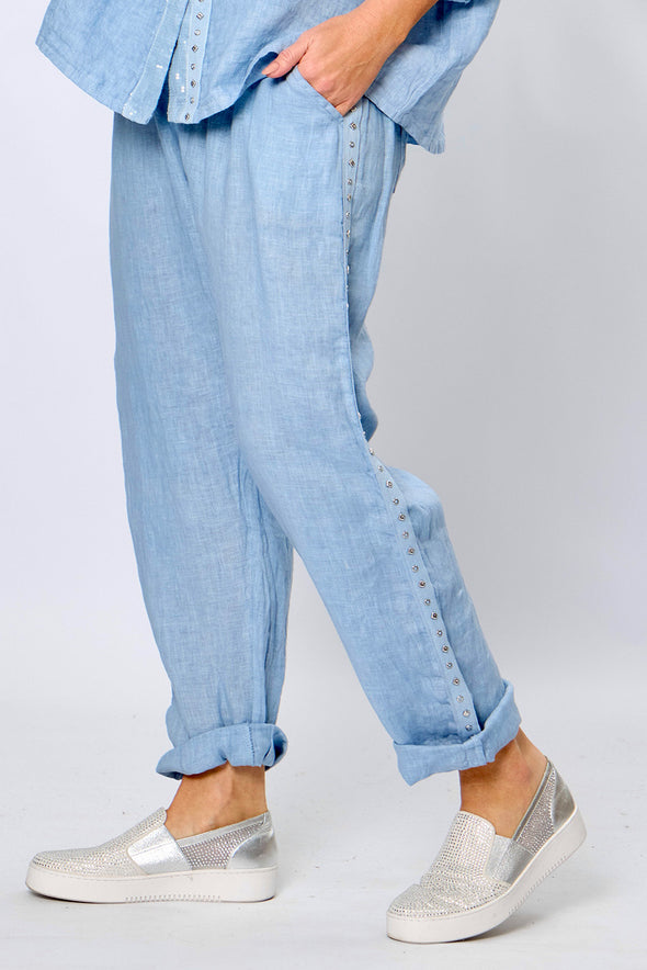 LaStrada: Linen Diamante Relax Pants - Denim Blue