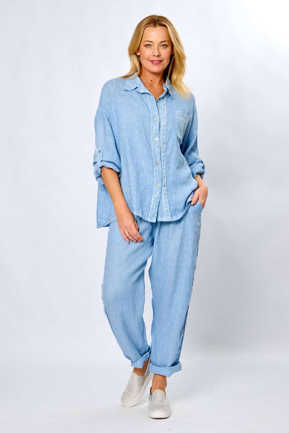LaStrada: Linen Diamante Relax Pants - Denim Blue