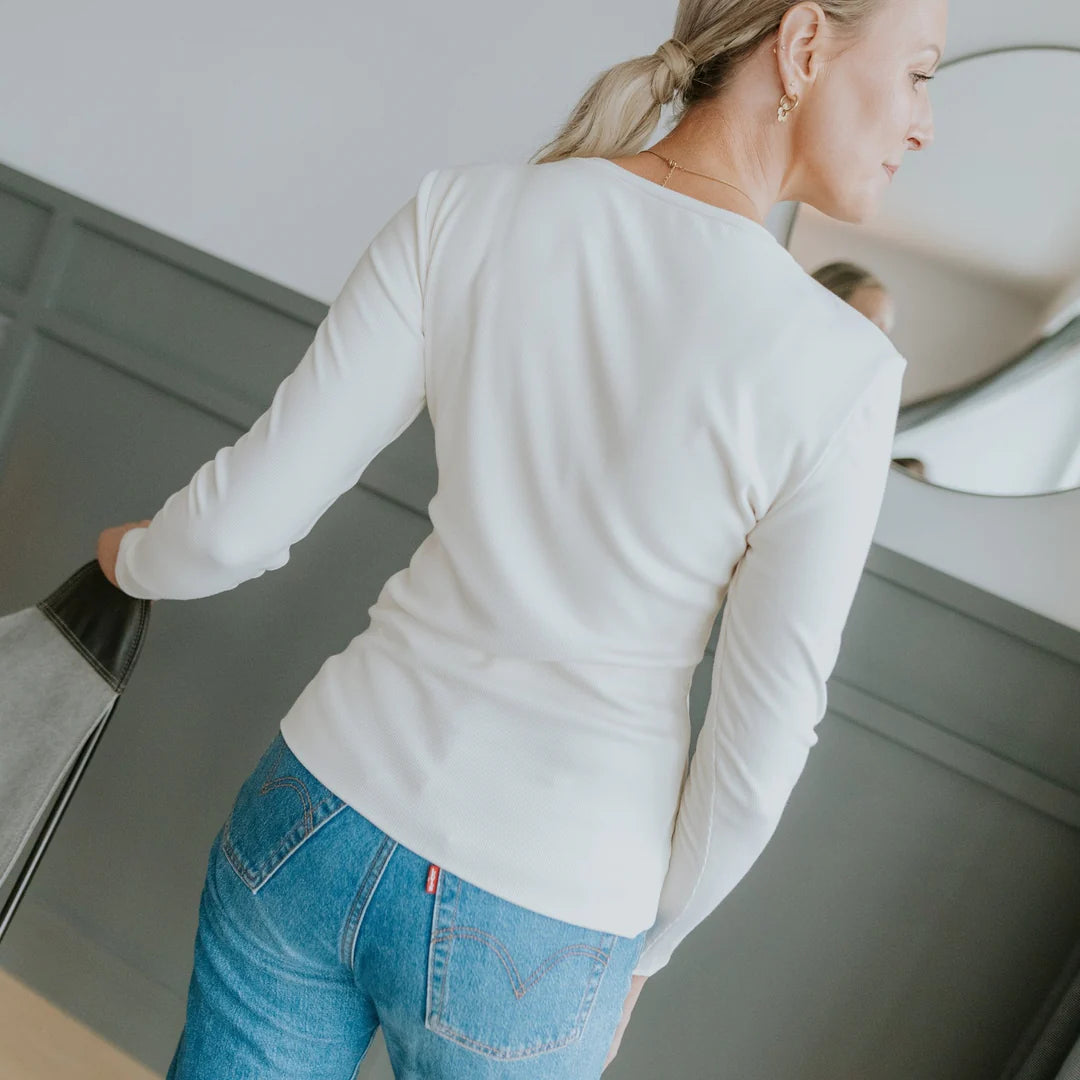 Moke: Lina Long Sleeve Ribbed Top - Pearl