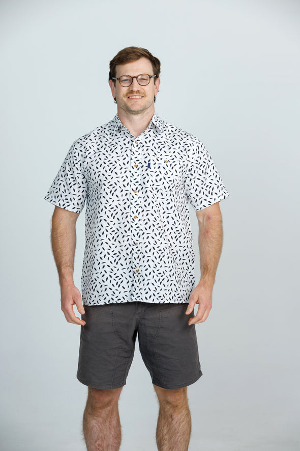 Iron Cheater Short Sleeve Shirt: Feather Print - White