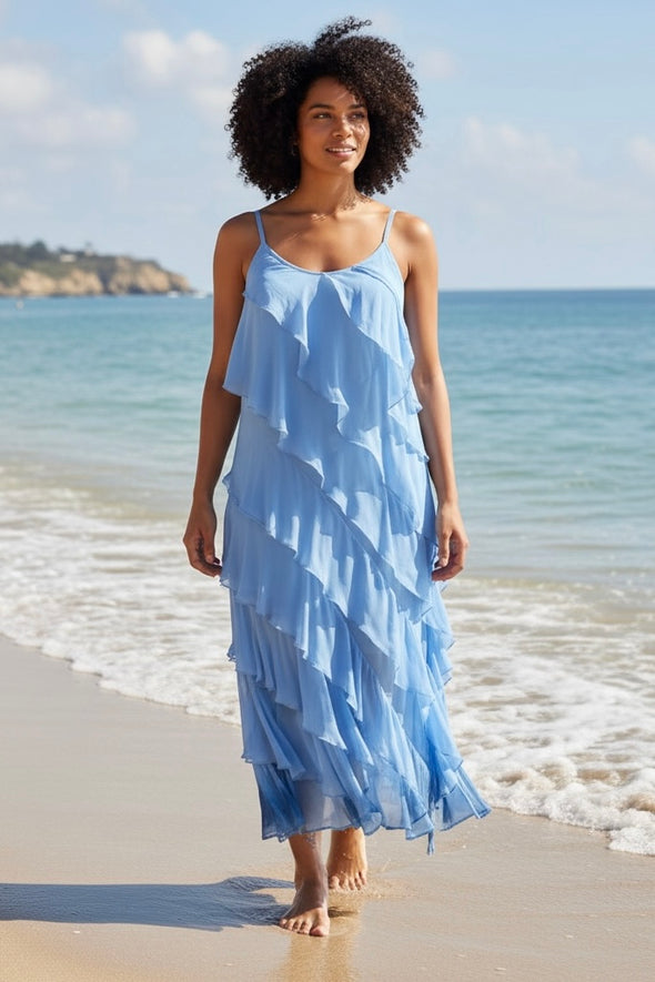 La Strada Silk Ruffle Dress in Blue Turco