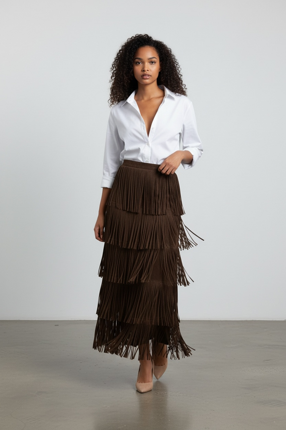 The Italian Closet: Sway Fringed Dancing Skirt - Chocolate