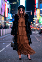 Long Plush Vegan Fur Evening Coat in Noir