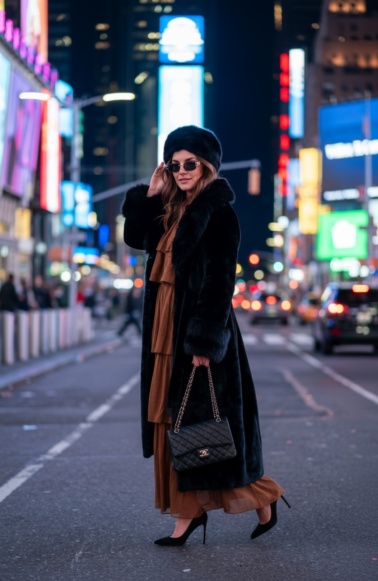 Long Plush Vegan Fur Evening Coat in Noir