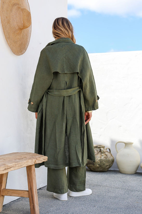 Silabare Linen Trench Coat in Juniper