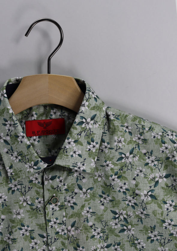 R.F. Scott Fields Long Sleeve Linen Shirt: Floral Print - Everglade