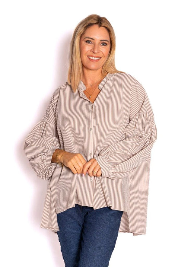 The Italian Closet: Berkley Striped Cotton Shirt - Beige